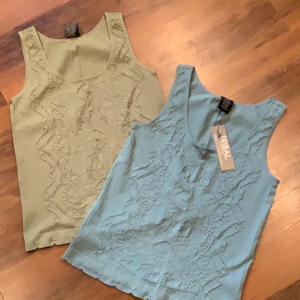 Tribal 2 Embroidered Tank Tops with ruffle/scallop hem